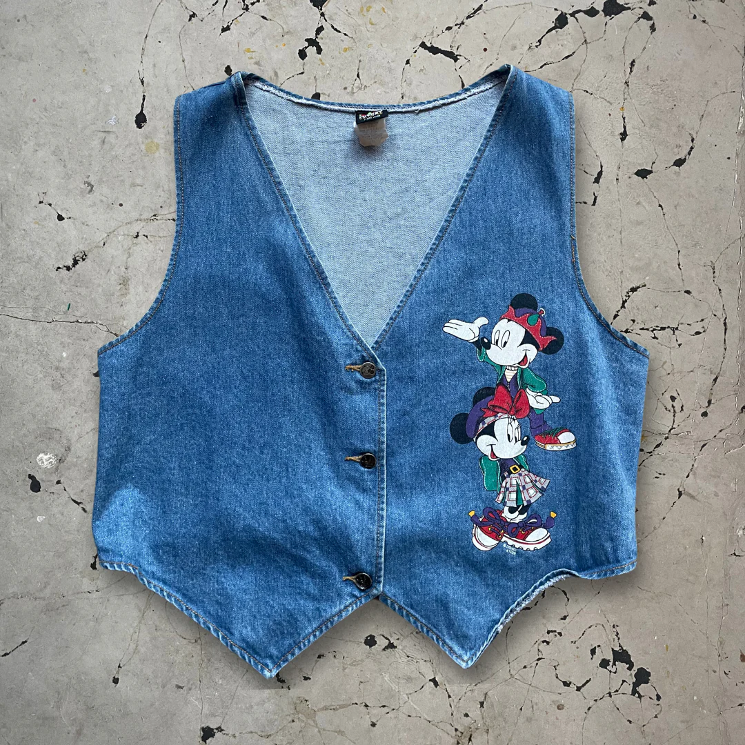 Vintage 1990s Disney Minnie and Mickey Mouse Print Denim Waistcoat - Image 4