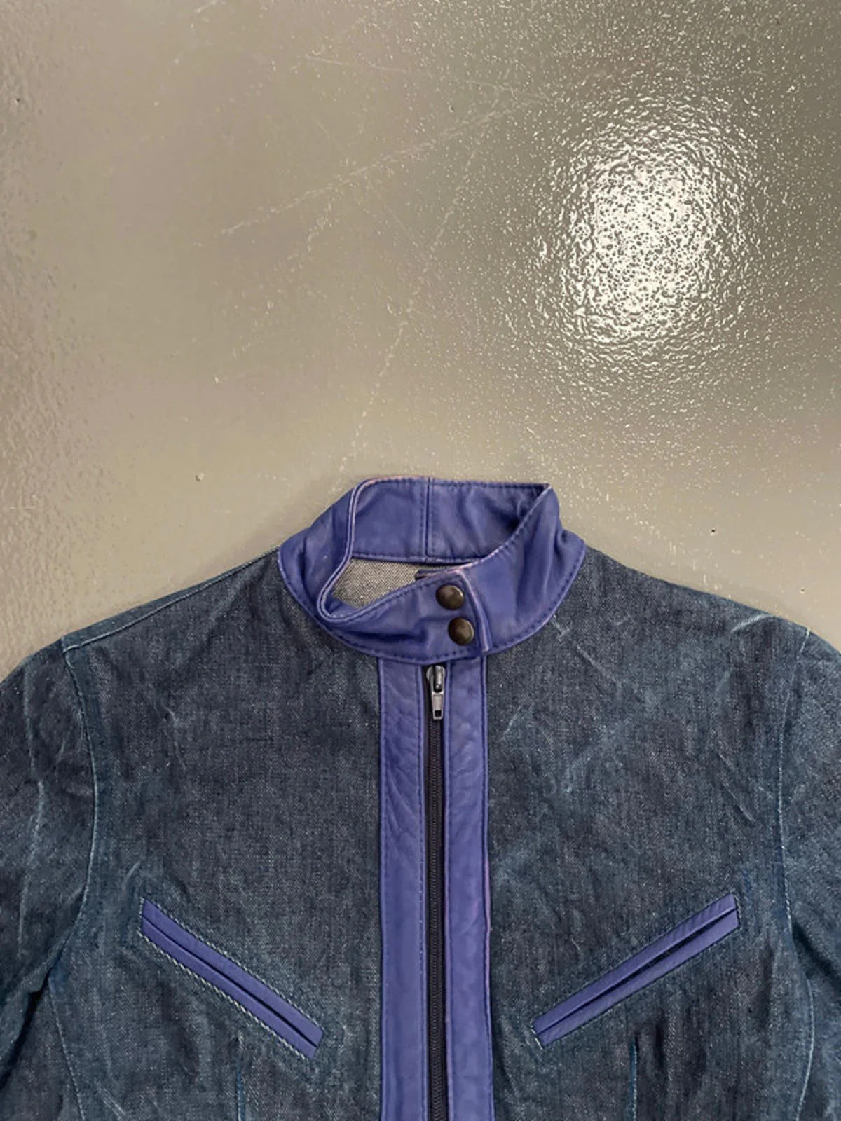 Vintage y2k Denim biker jacket with blue leather waistband and trim - Image 4