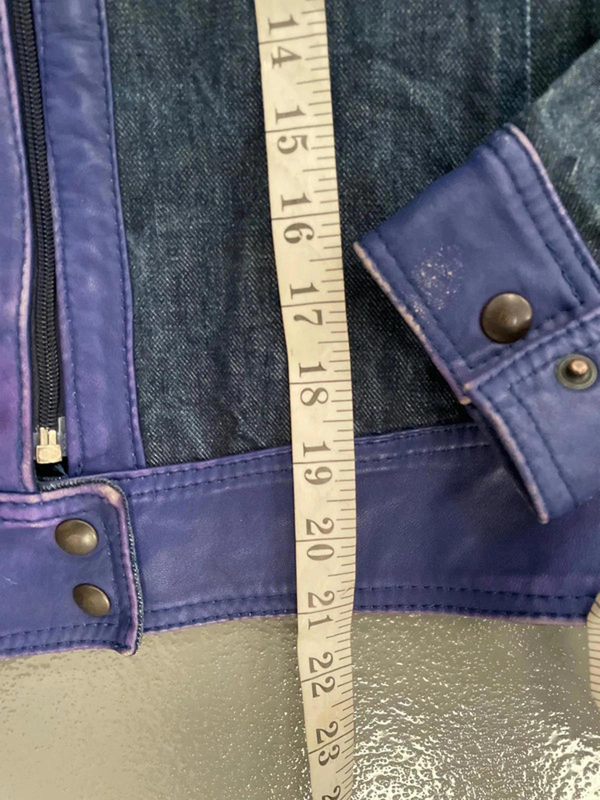 Vintage y2k Denim biker jacket with blue leather waistband and trim - Image 6