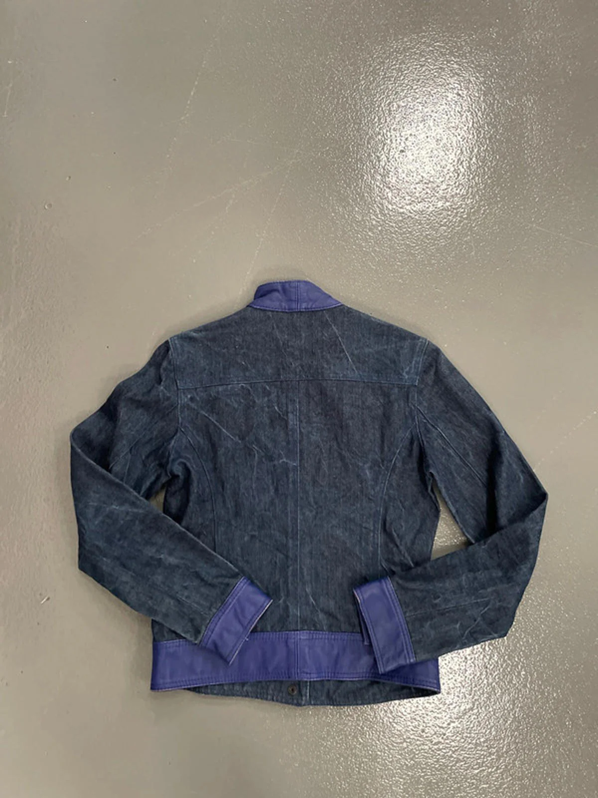 Vintage y2k Denim biker jacket with blue leather waistband and trim - Image 7