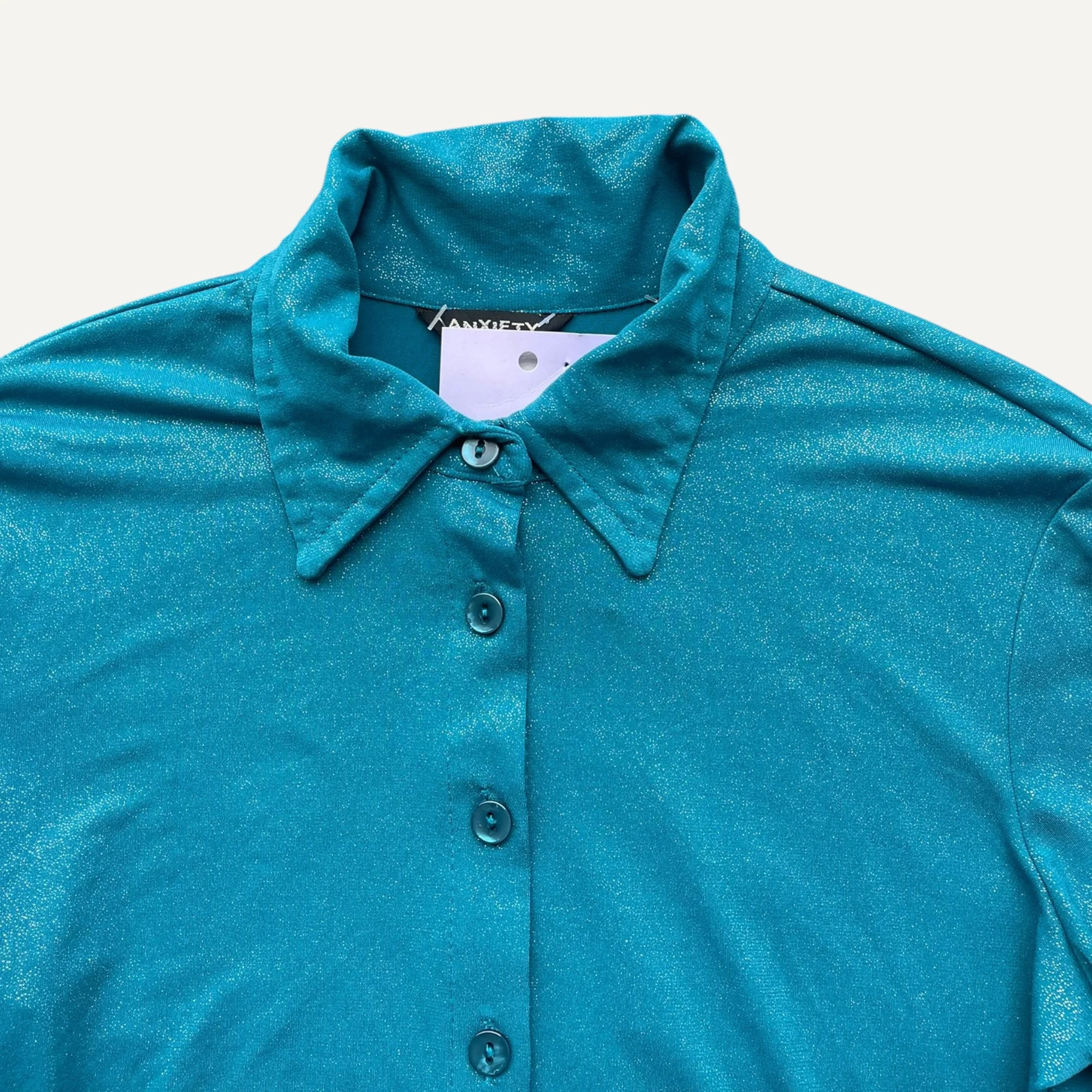 Vintage Y2k Teal Blue Sparkly Flared Sleeved Shirt - Image 3