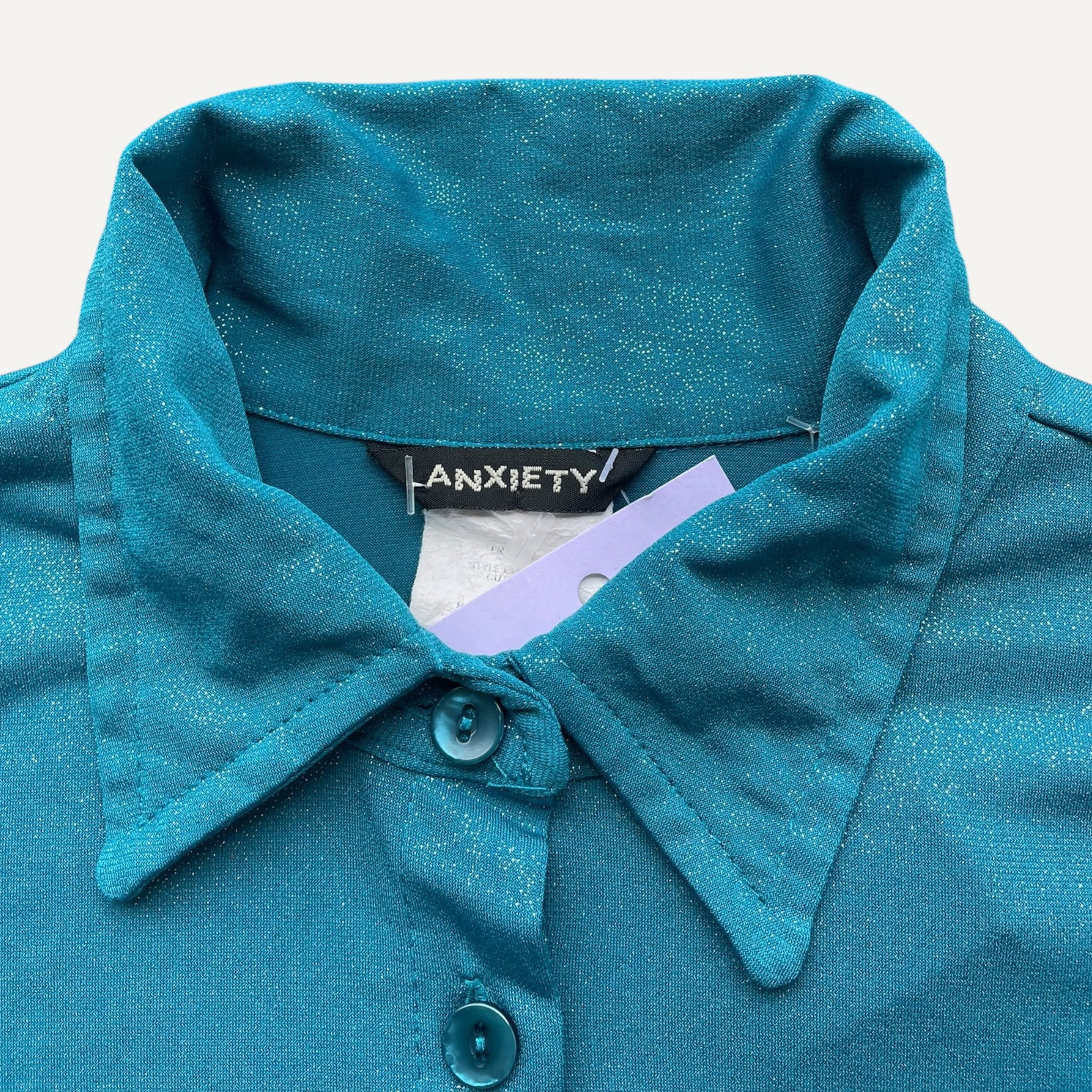 Vintage Y2k Teal Blue Sparkly Flared Sleeved Shirt - Image 5